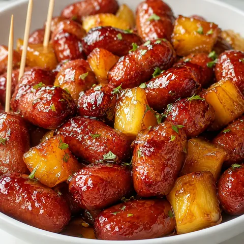 Glossy pineapple brown sugar Lil' Smokies with parsley in a white bowl