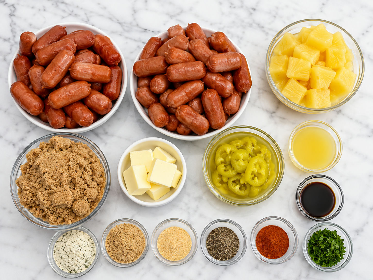 Ingredients for pineapple brown sugar Lil' Smokies on a wood counter