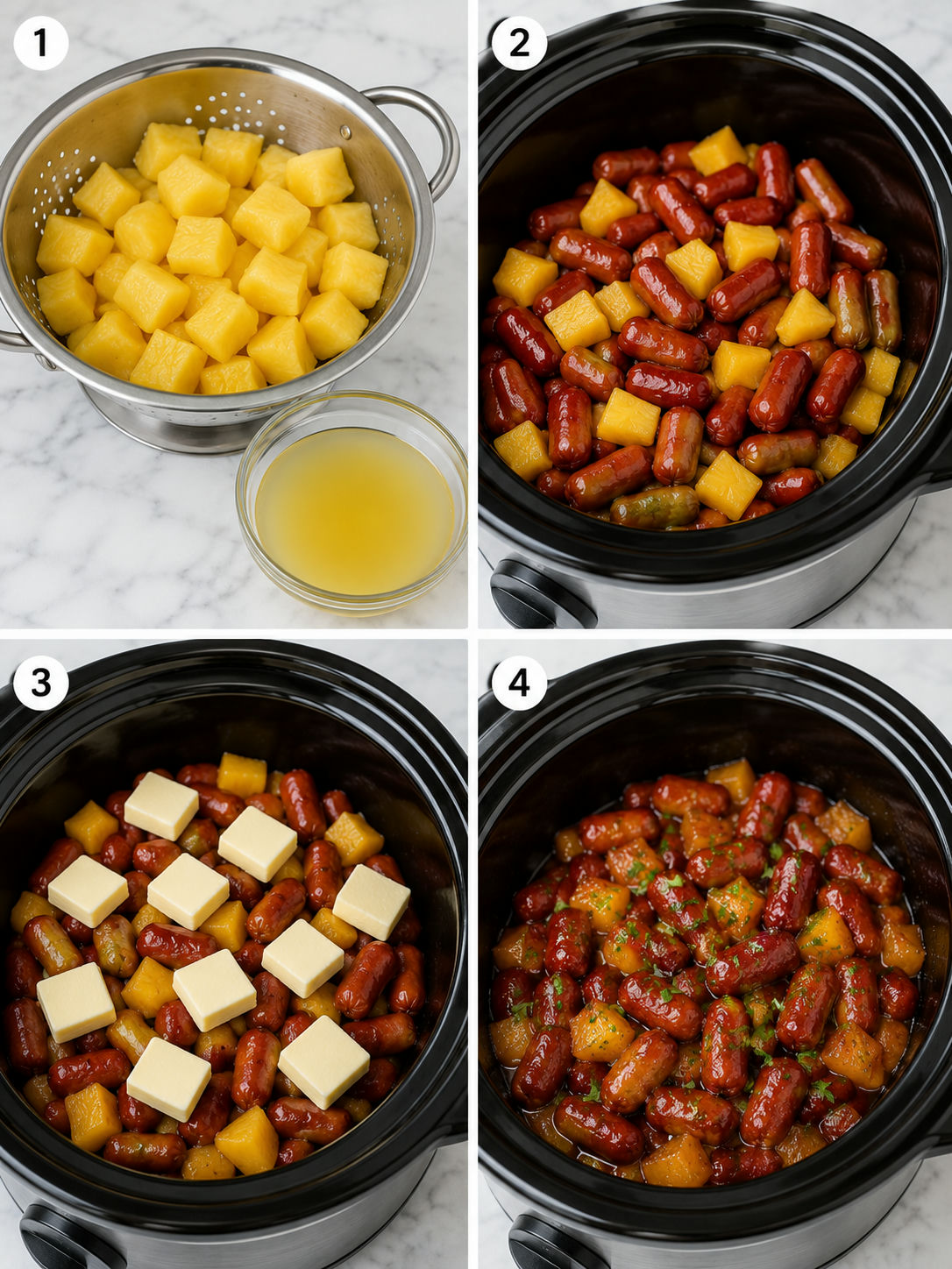 Four steps for making pineapple brown sugar Lil' Smokies in a slow cooker