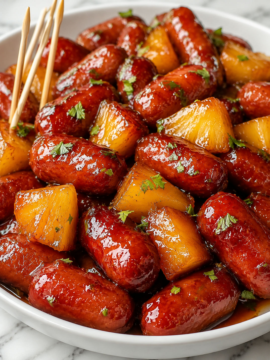 Sticky pineapple brown sugar Lil' Smokies piled high with parsley