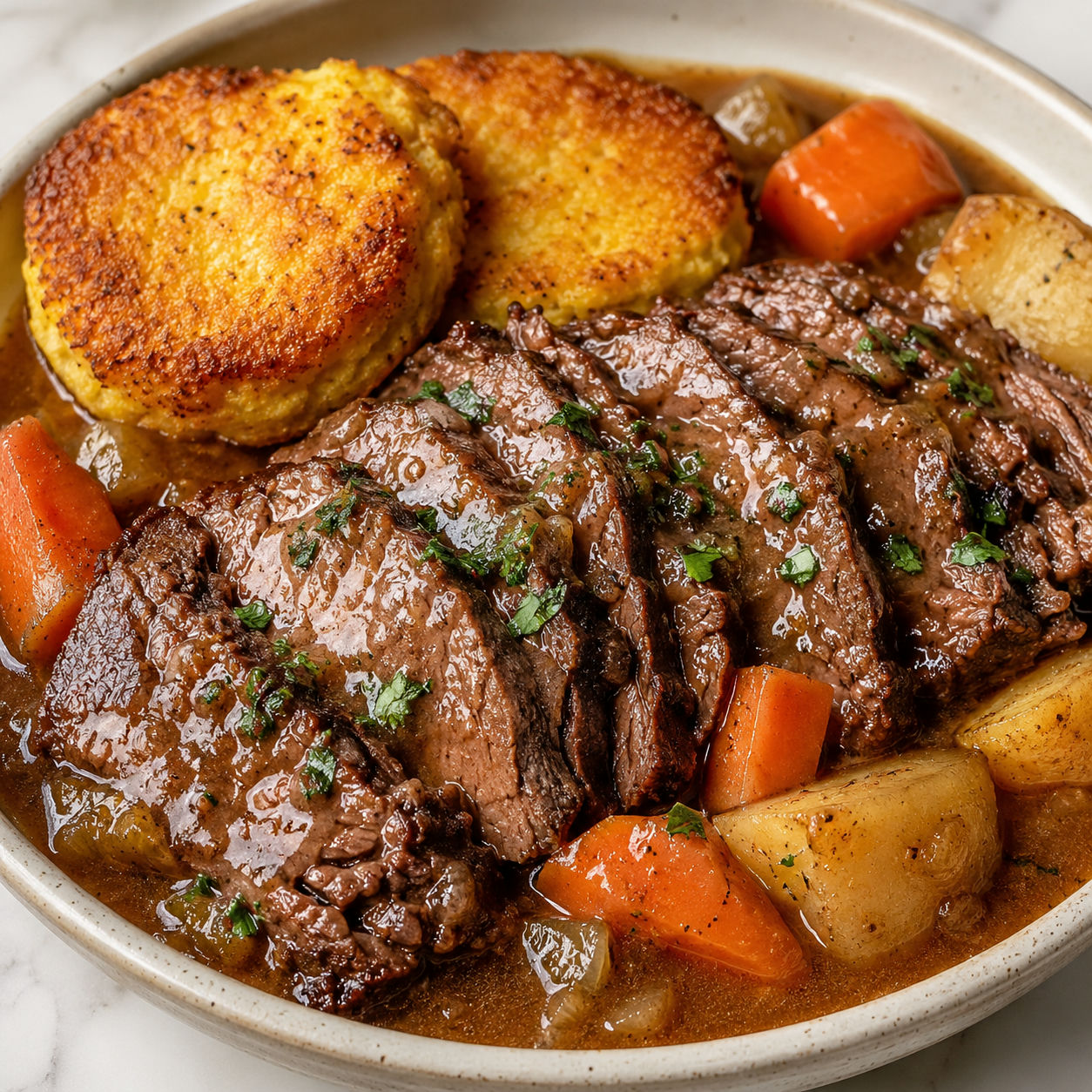 Pot roast with gravy, carrots, potatoes, and golden heauxcakes