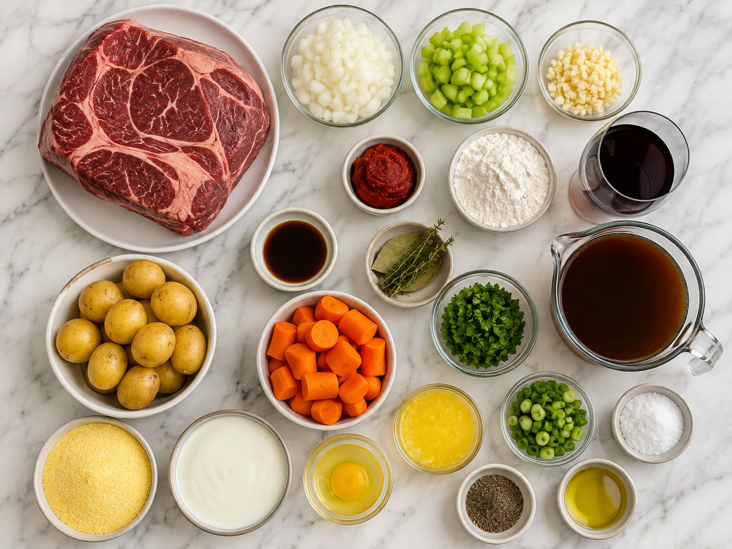 Raw beef, vegetables, cornmeal, buttermilk, and heauxcake ingredients