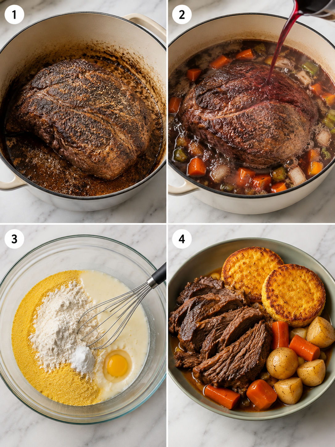 Steps for browning pot roast, braising vegetables, and cooking heauxcakes