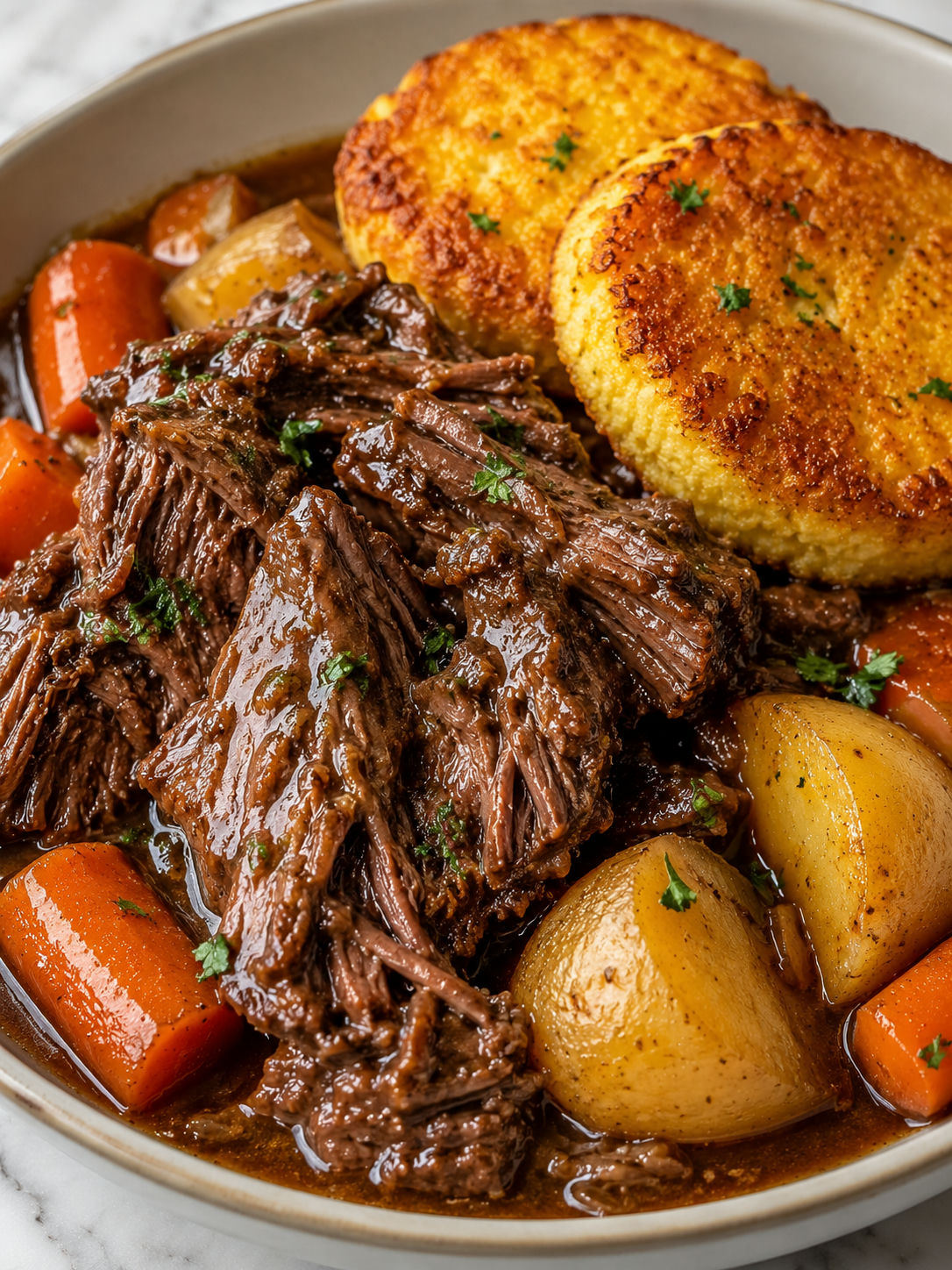 Tender pot roast with glossy gravy, vegetables, and crisp heauxcakes