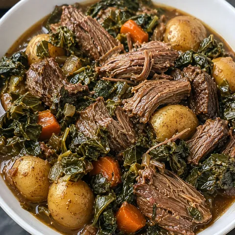 Pot roast with mixed greens, carrots, potatoes, and gravy