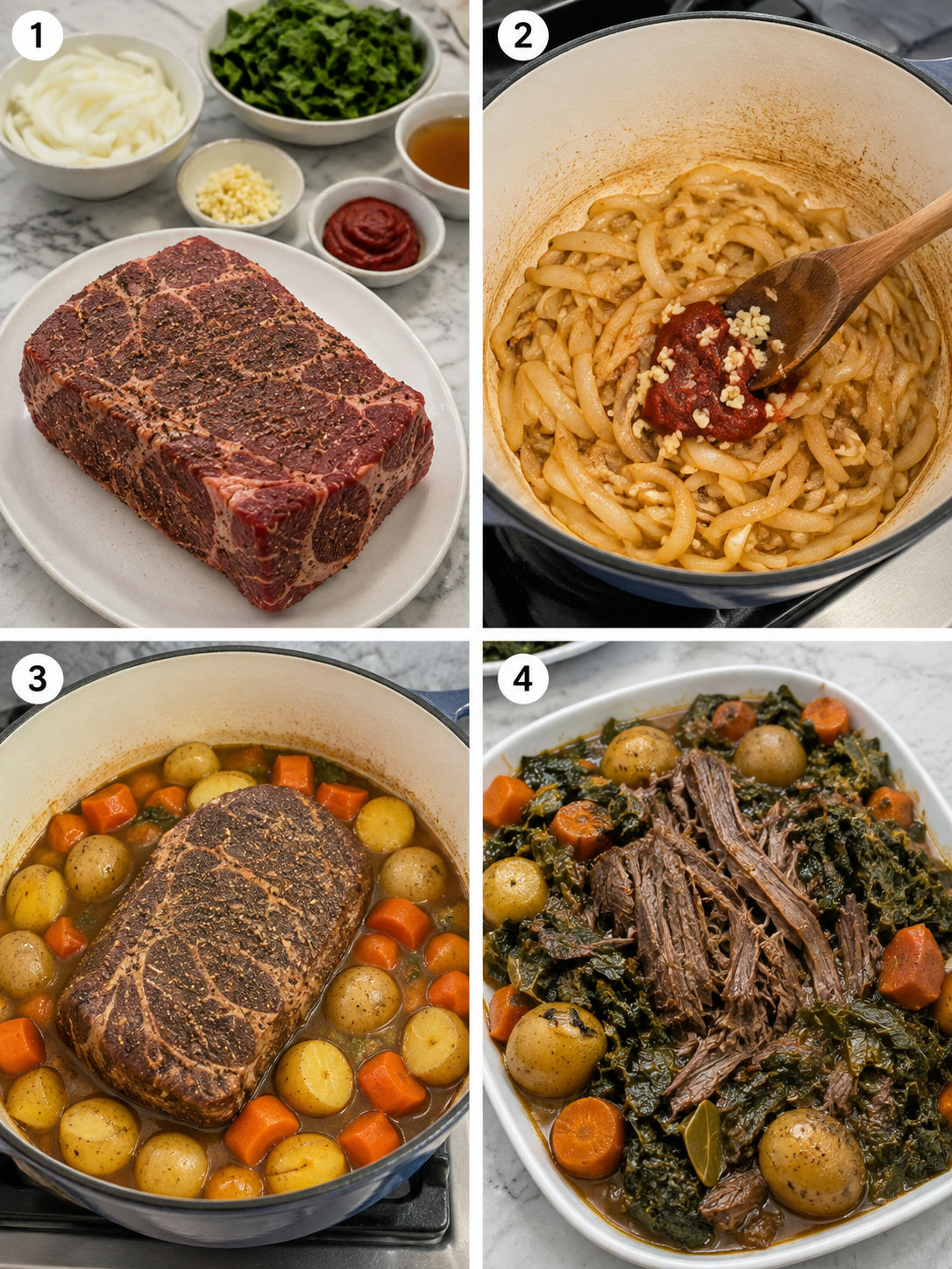 Four cooking steps for pot roast with mixed greens