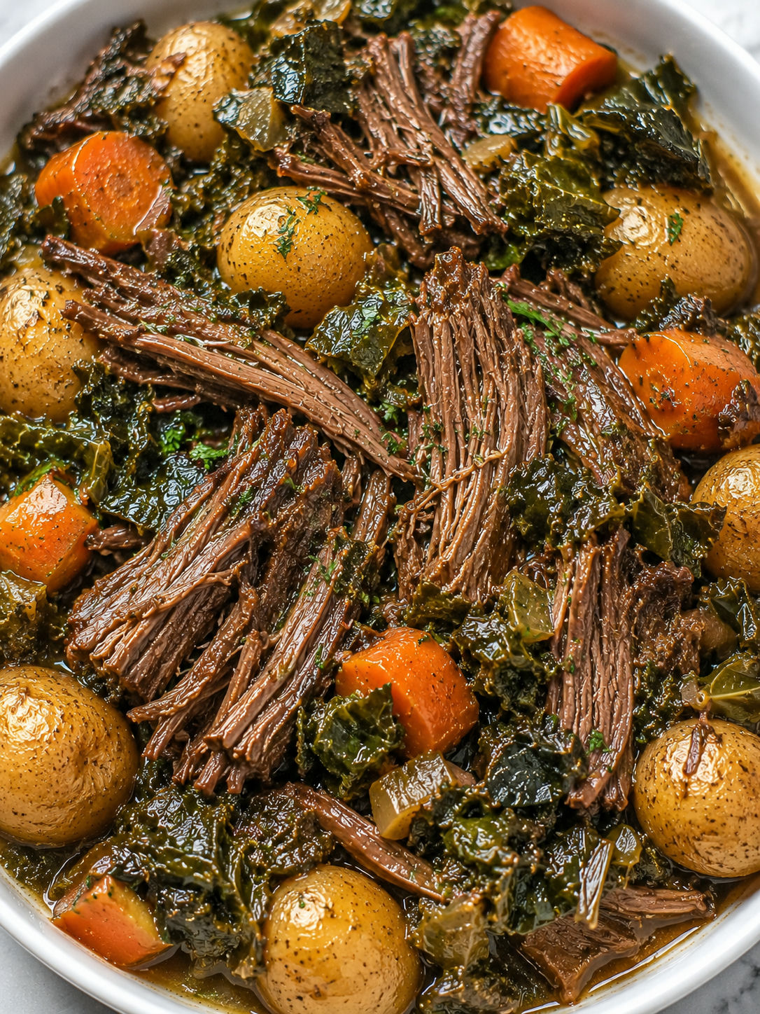 Tender pot roast dinner with mixed greens and vegetables