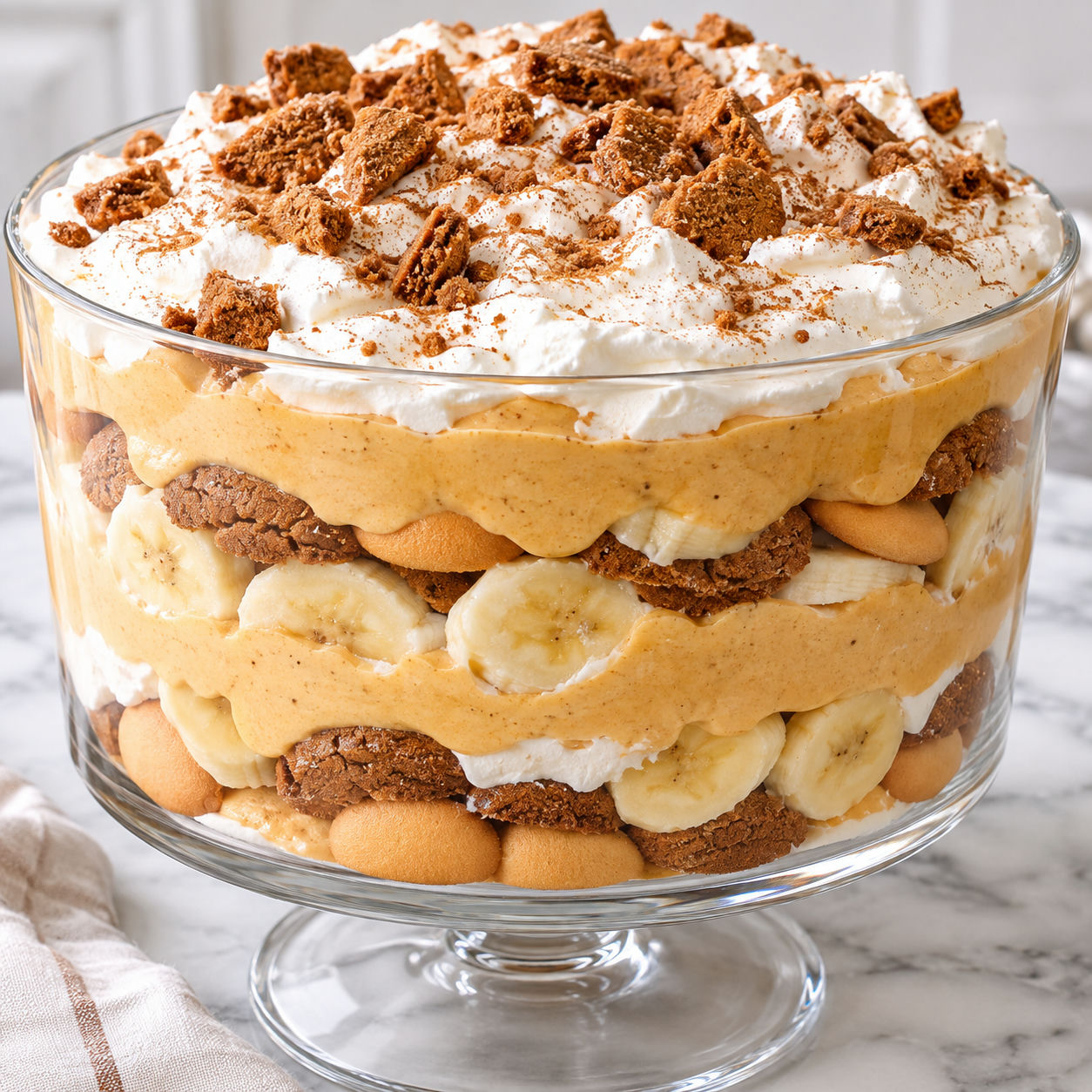 Pumpkin banana pudding with gingersnaps and whipped cream in a glass bowl
