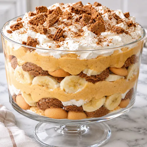 Pumpkin banana pudding with gingersnaps and whipped cream in a glass bowl
