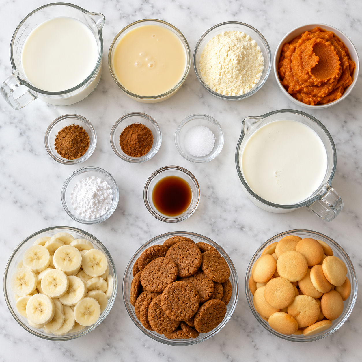 Ingredients for pumpkin banana pudding with bananas and gingersnaps