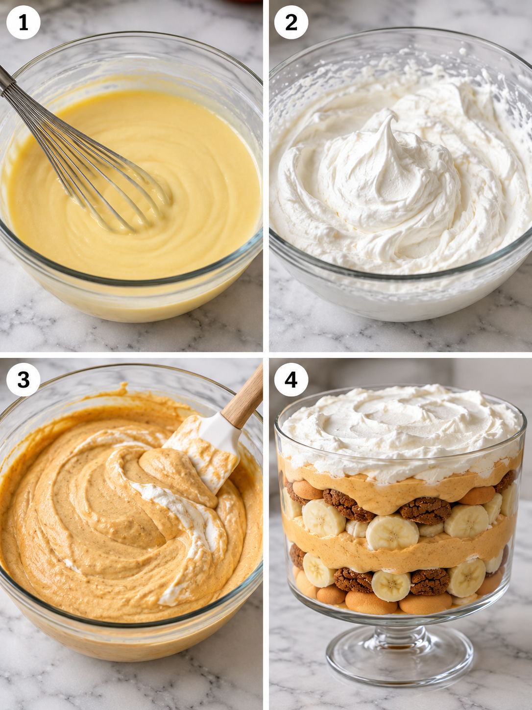 Four steps for layering pumpkin banana pudding with gingersnaps