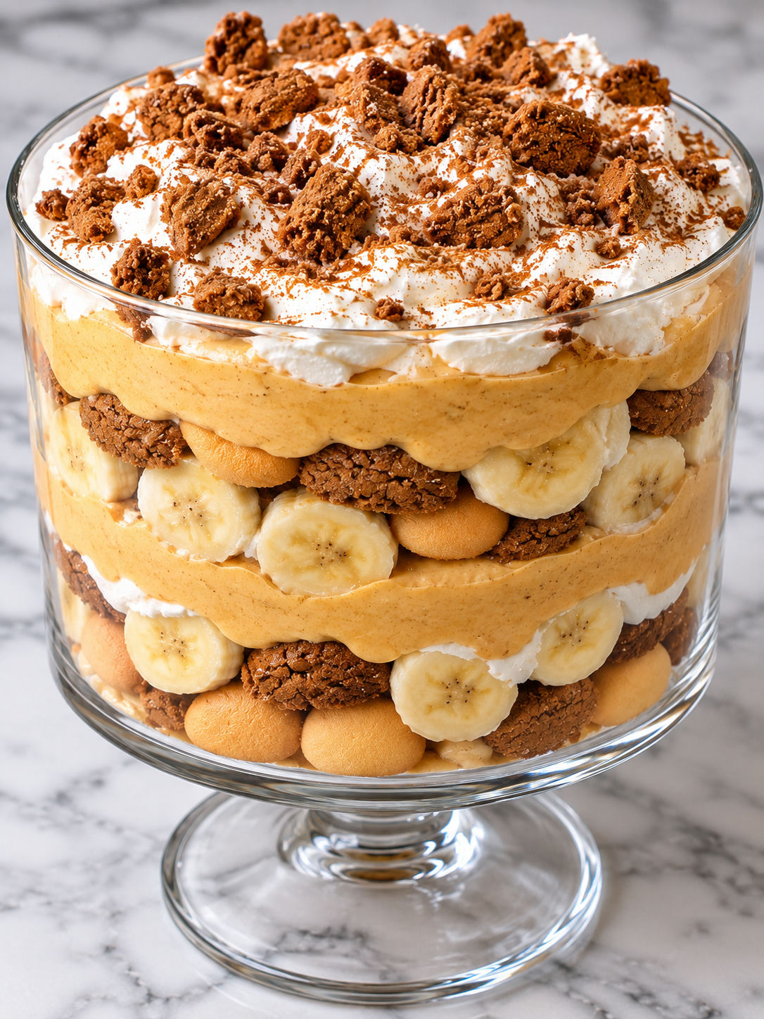 Layered pumpkin banana pudding with gingersnaps and whipped cream