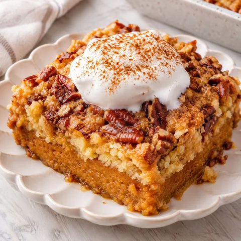 Pumpkin dump cake with pecan crunch and whipped cream on a plate