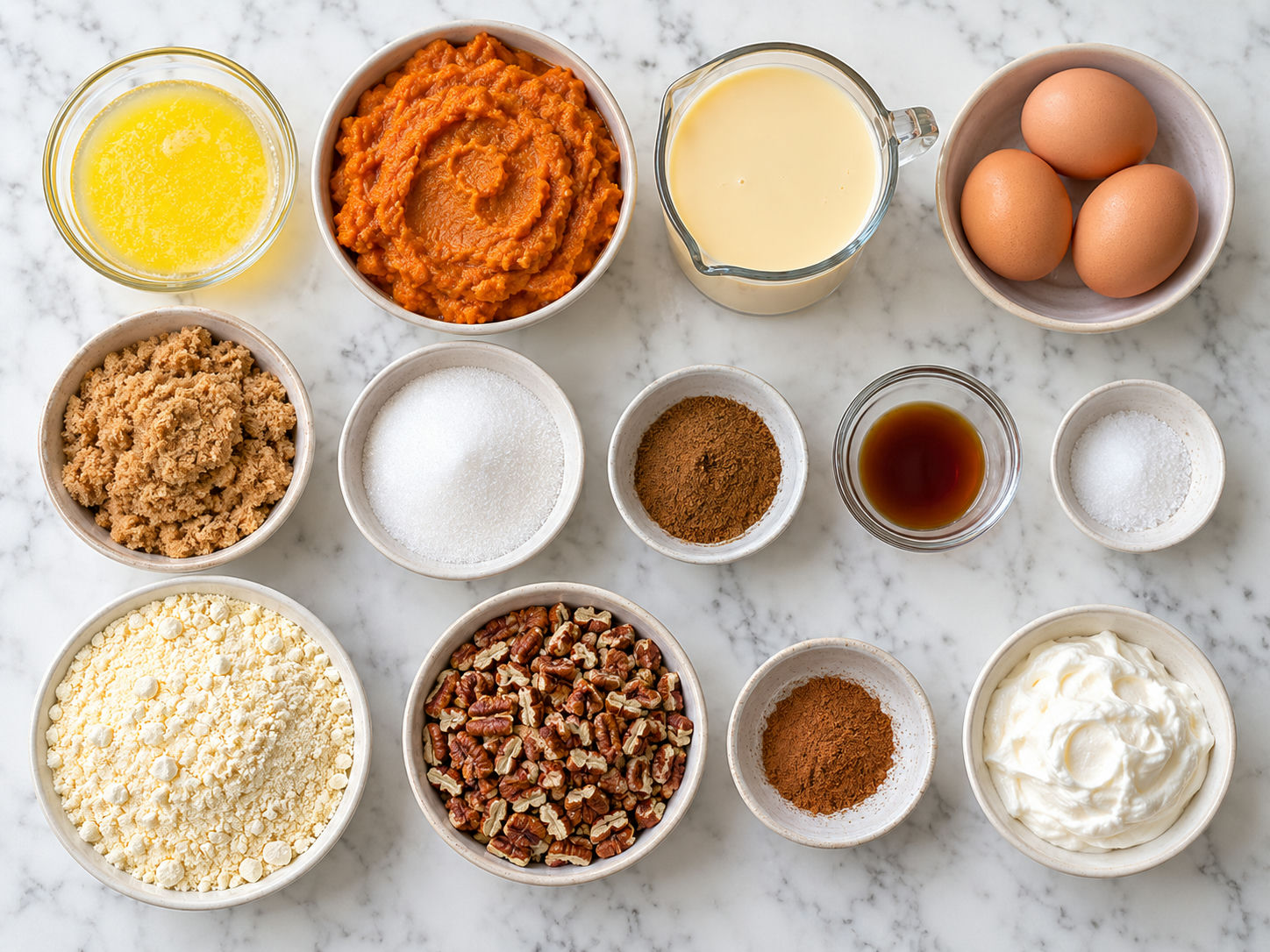 Ingredients for pumpkin dump cake with pecans, butter, spices, and cake mix