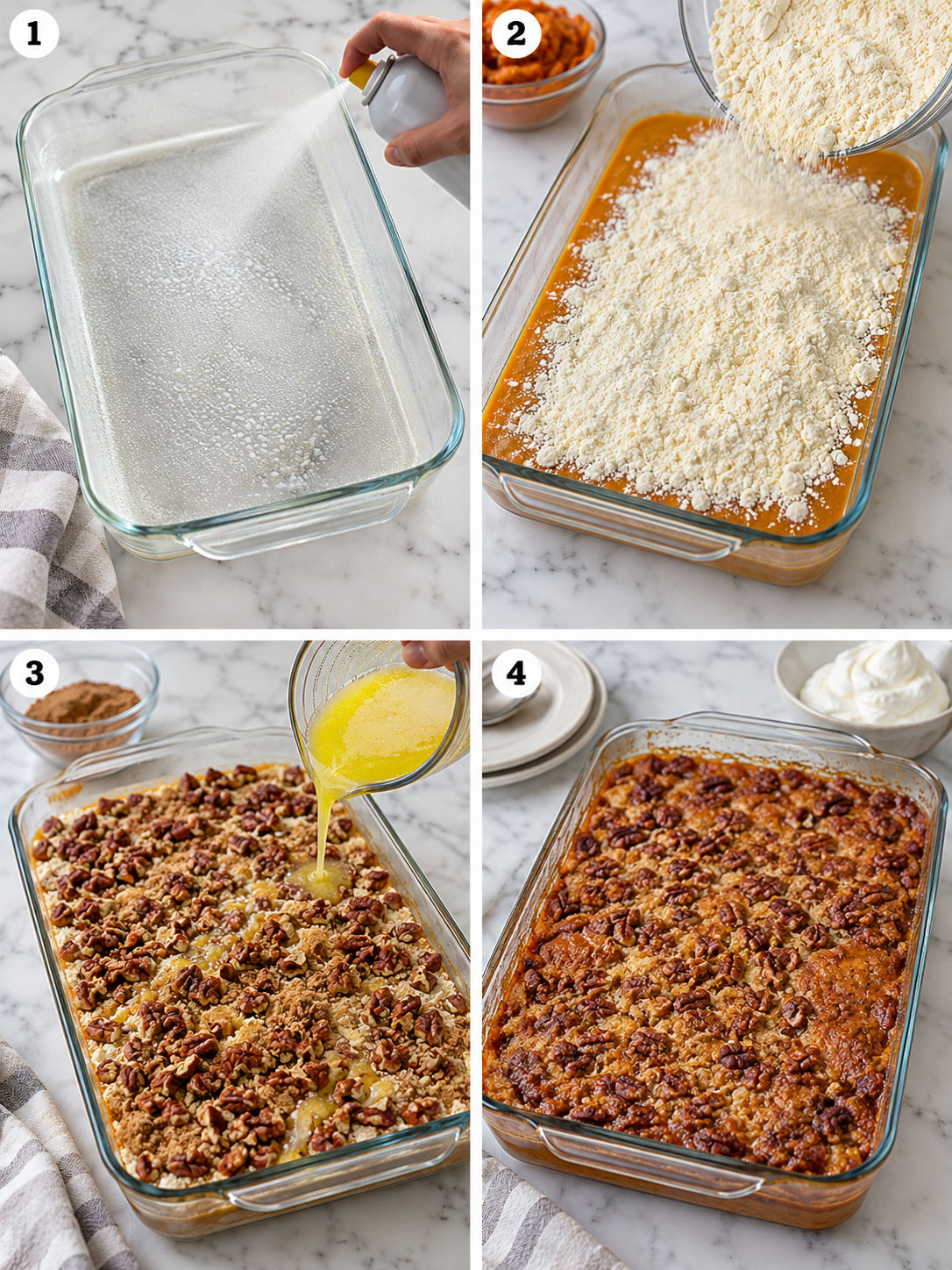 Four steps for making pumpkin dump cake with pecan crunch