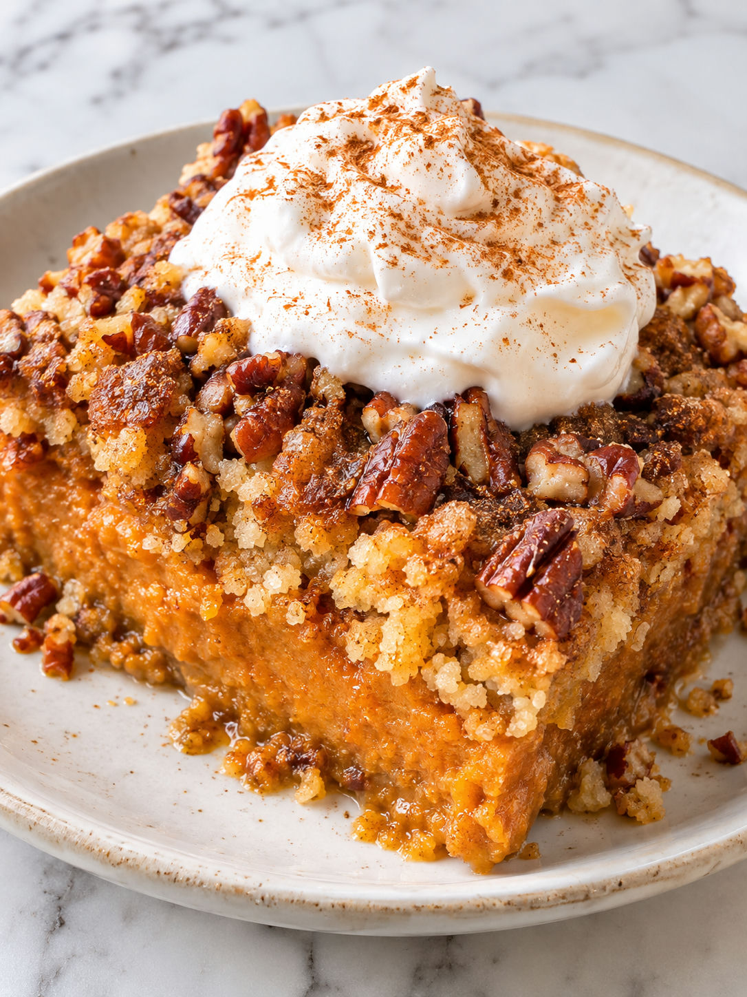 Pumpkin dump cake square with toasted pecans and whipped cream