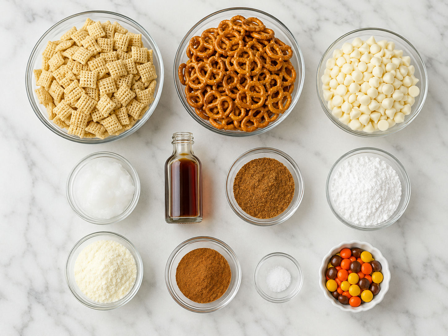 Ingredients for pumpkin spice pretzel puppy chow on a wood surface