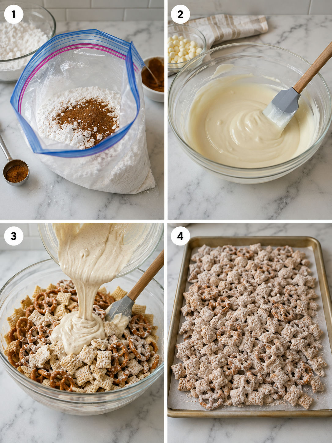 Four steps for making pumpkin spice pretzel puppy chow
