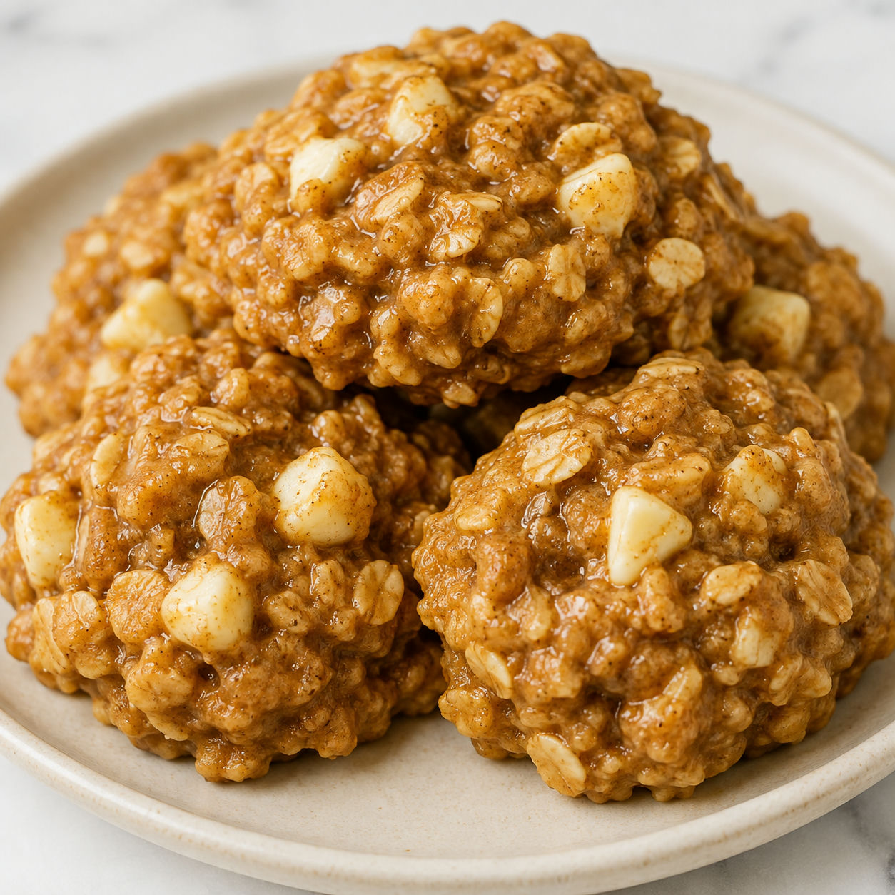 Pumpkin spice no-bake cookies with white chocolate chips on a cream plate