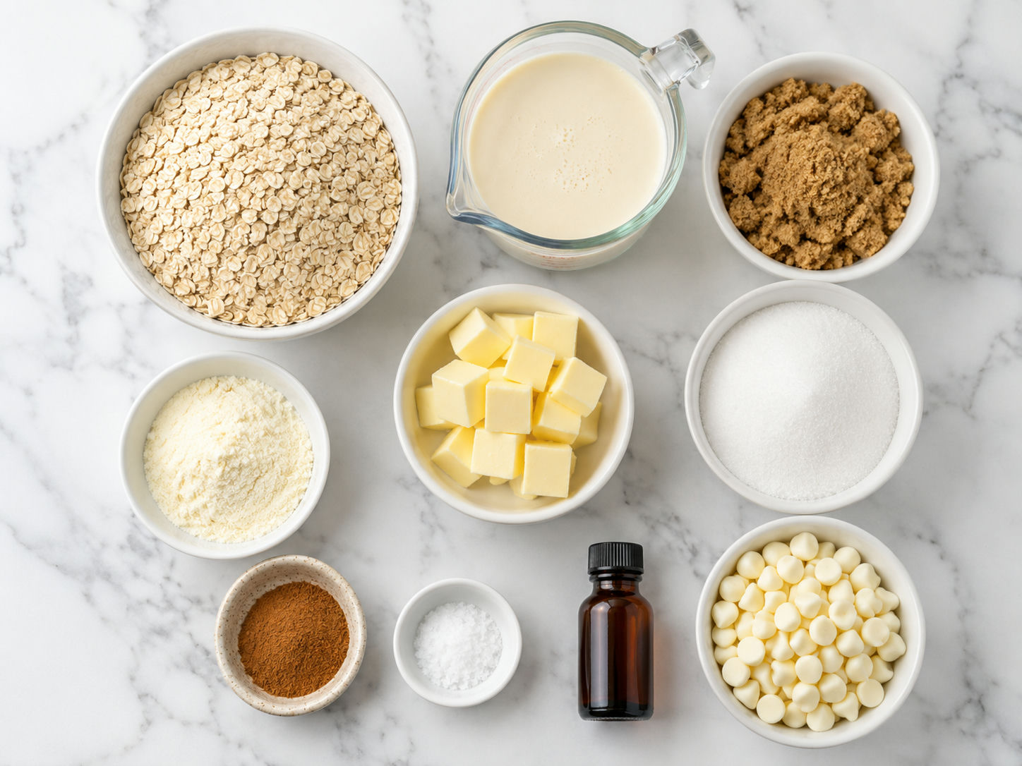 Ingredients for pumpkin spice no-bake cookies with oats and white chocolate chips