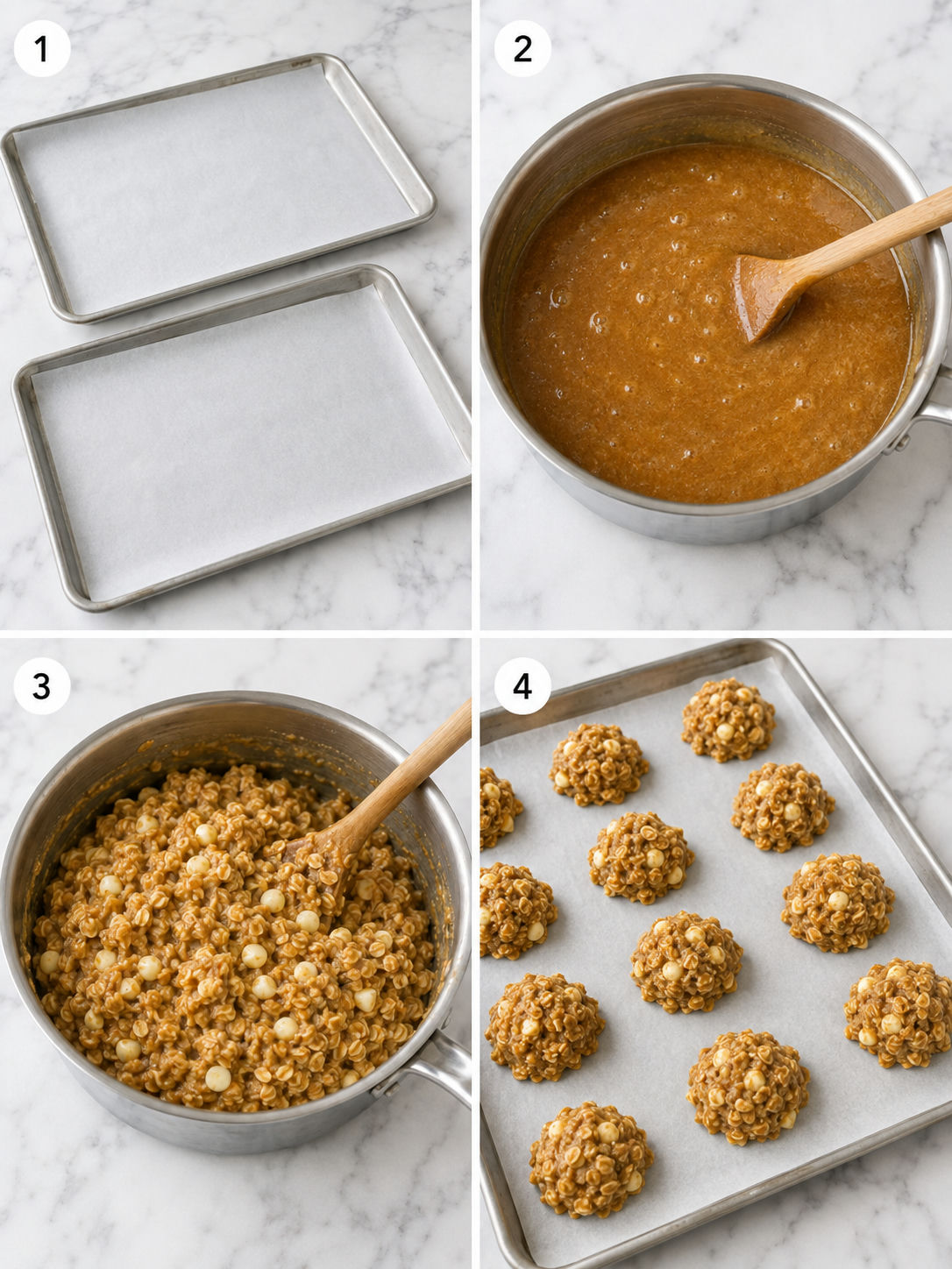 Four steps for making pumpkin spice no-bake cookies on parchment