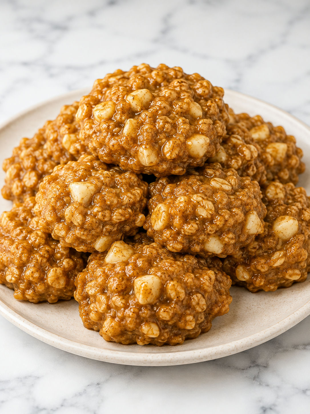 Stacked pumpkin spice no-bake cookies with oats and white chocolate chips