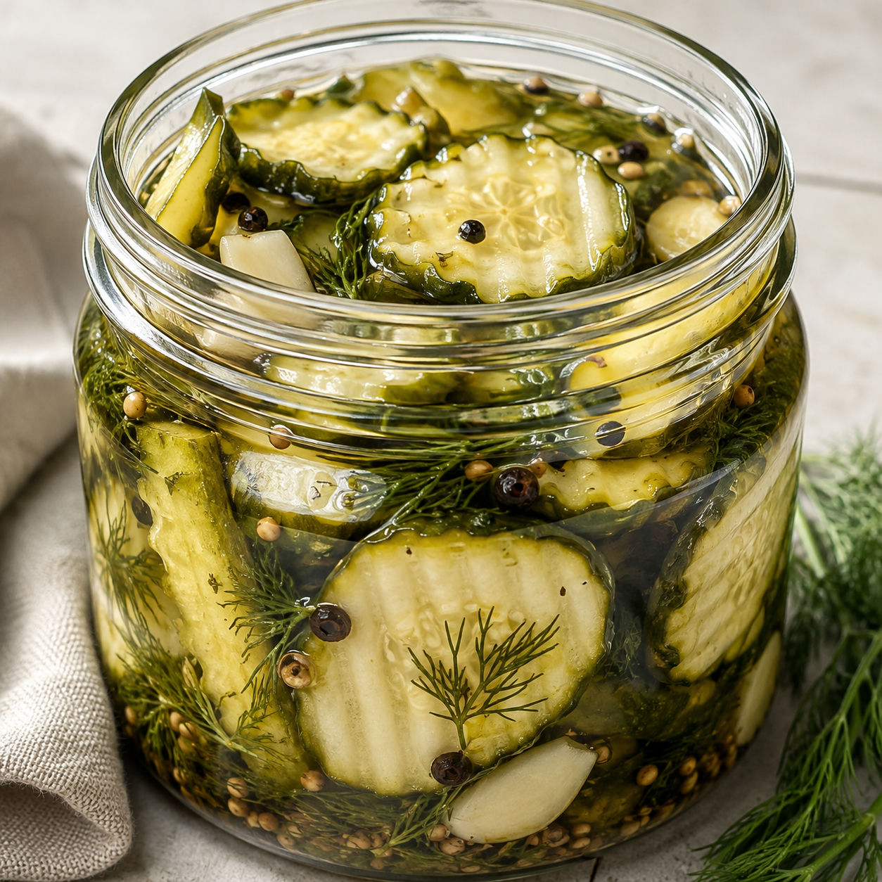 Zucchini pickles in a glass jar with dill and garlic