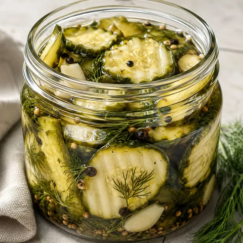 Zucchini pickles in a glass jar with dill and garlic