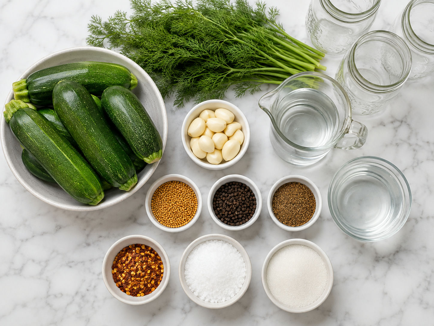 Zucchini pickle ingredients with dill, garlic, vinegar, and spices