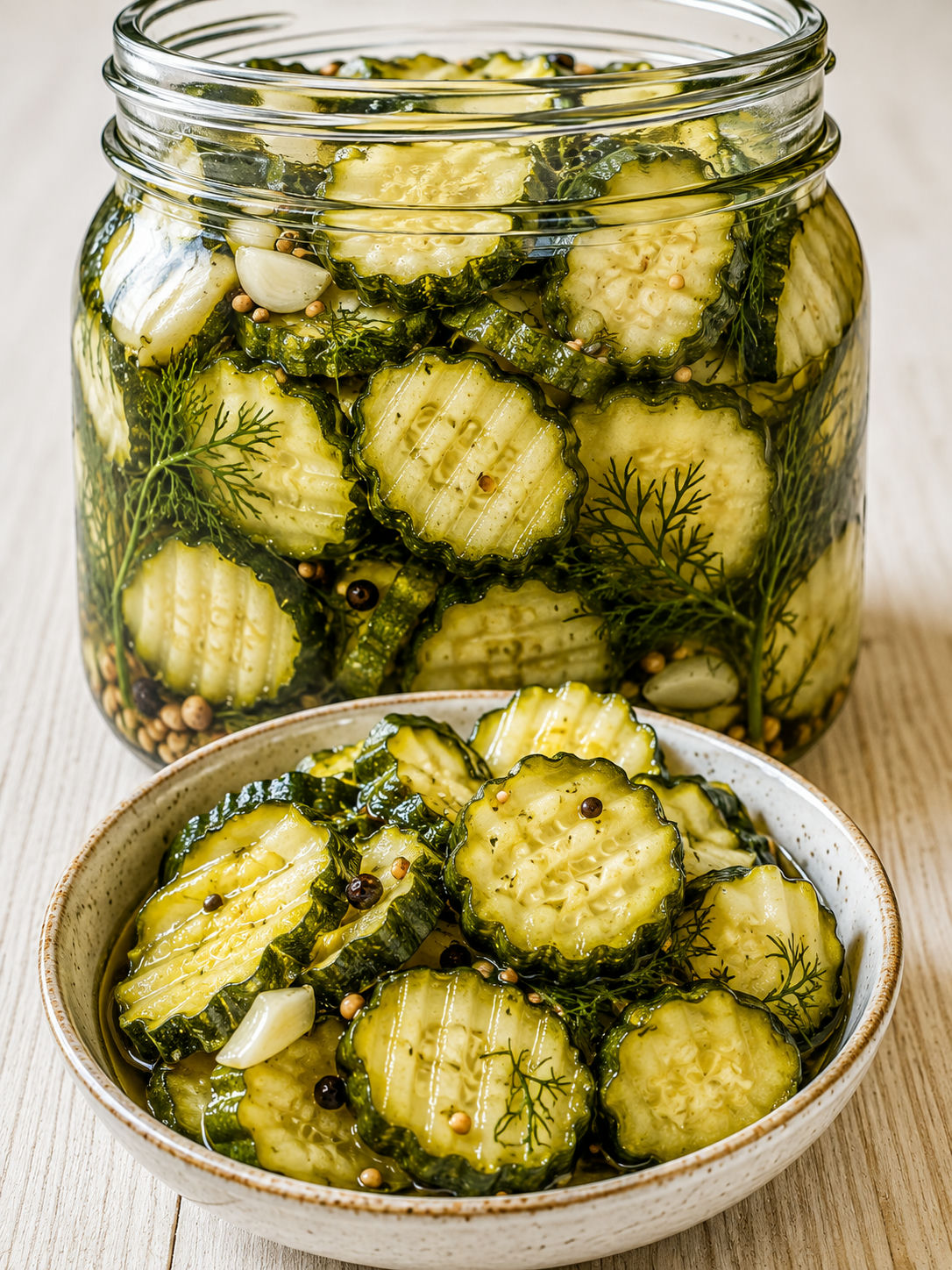 Refrigerator zucchini pickles with dill and garlic in a jar