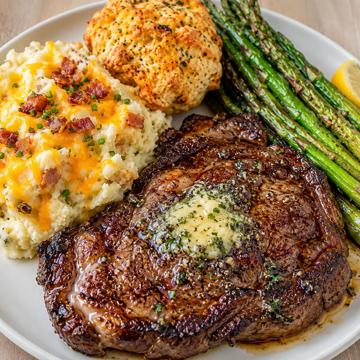 Ribeye steak with loaded mash, cheddar biscuit and roasted asparagus