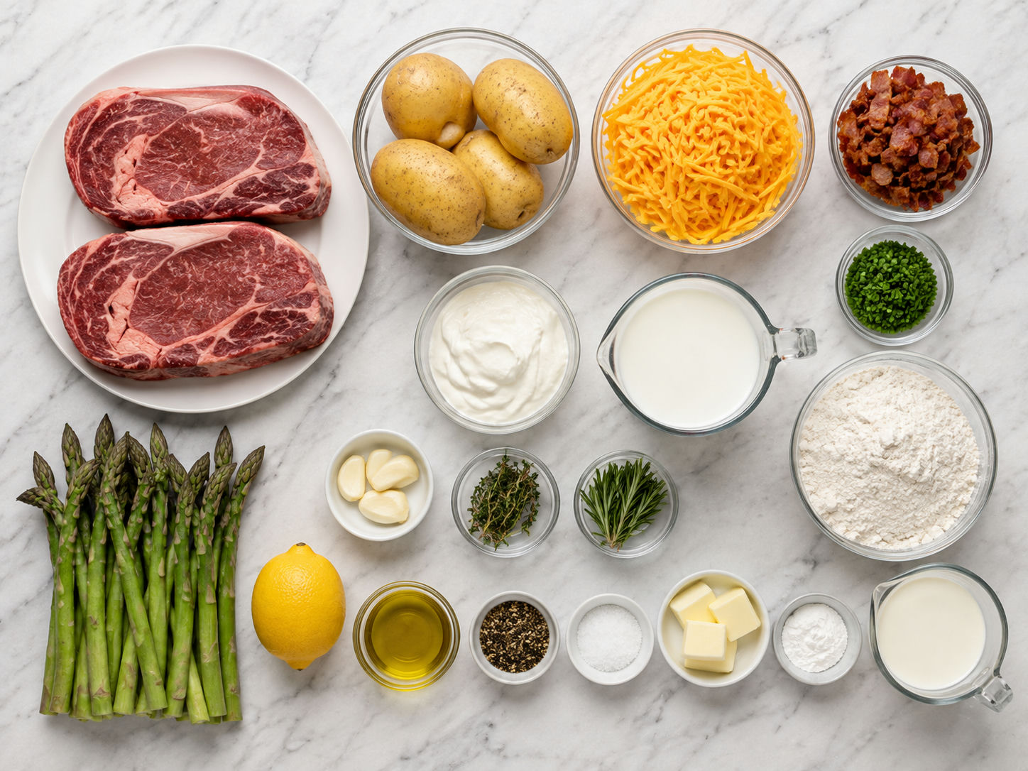 Ingredients for ribeye steak dinner with potatoes, biscuits and asparagus