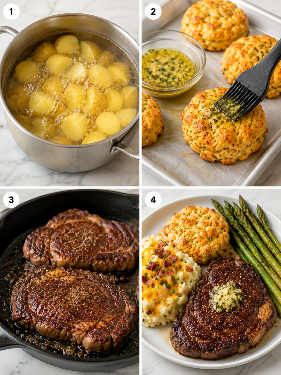 Steps for making ribeye steak dinner with mash, biscuits and asparagus