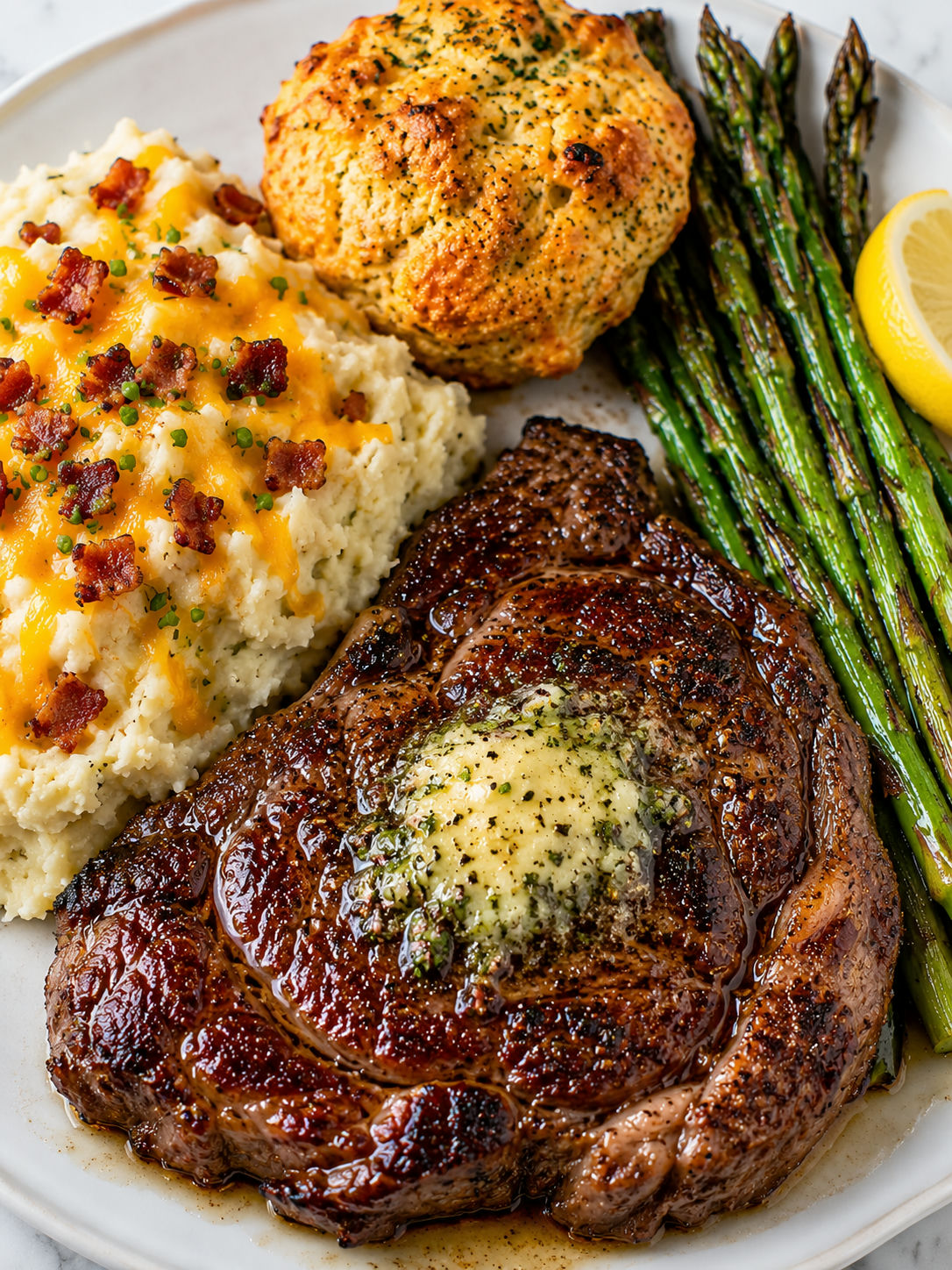 Ribeye steak plate with loaded mash, cheddar biscuit and asparagus