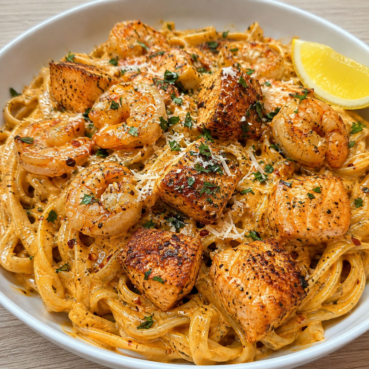 Creamy Cajun salmon and shrimp pasta with parsley and lemon