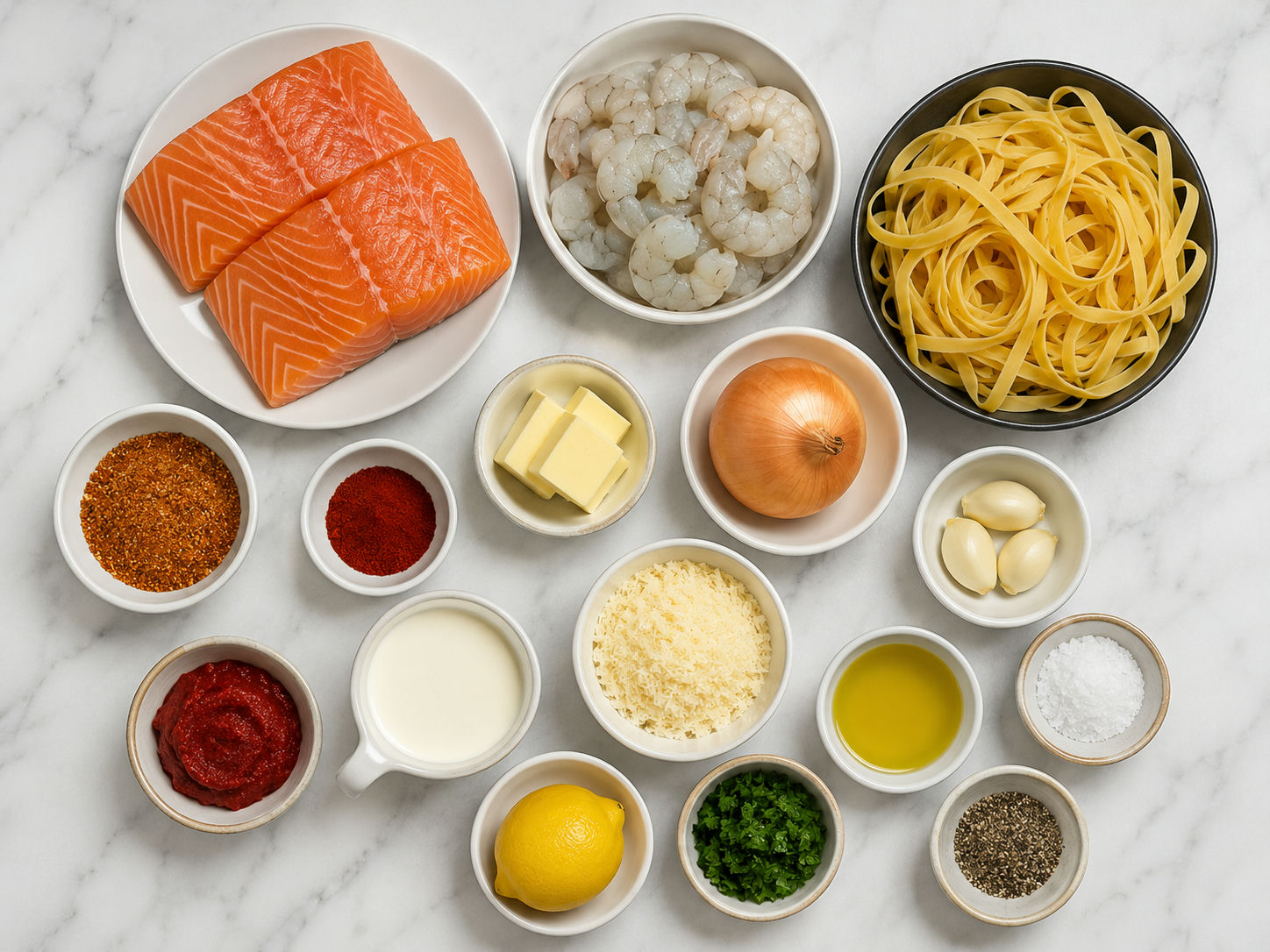 Ingredients for Cajun salmon and shrimp pasta on a wooden surface