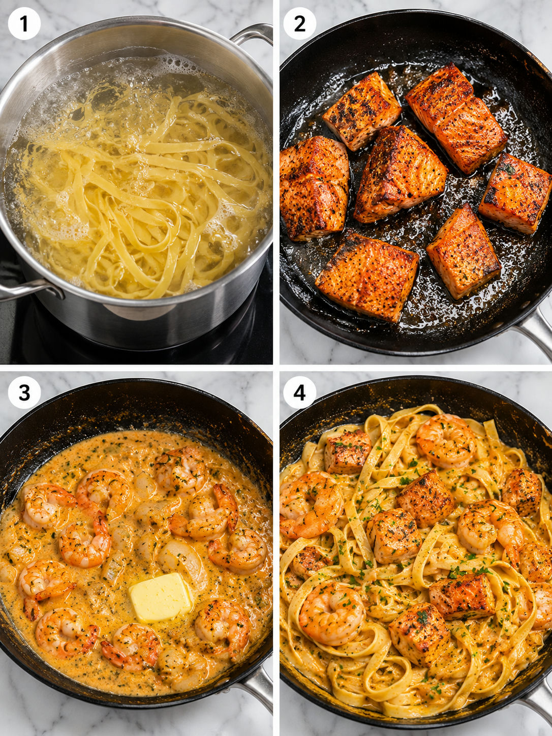 Four cooking steps for creamy Cajun salmon and shrimp pasta