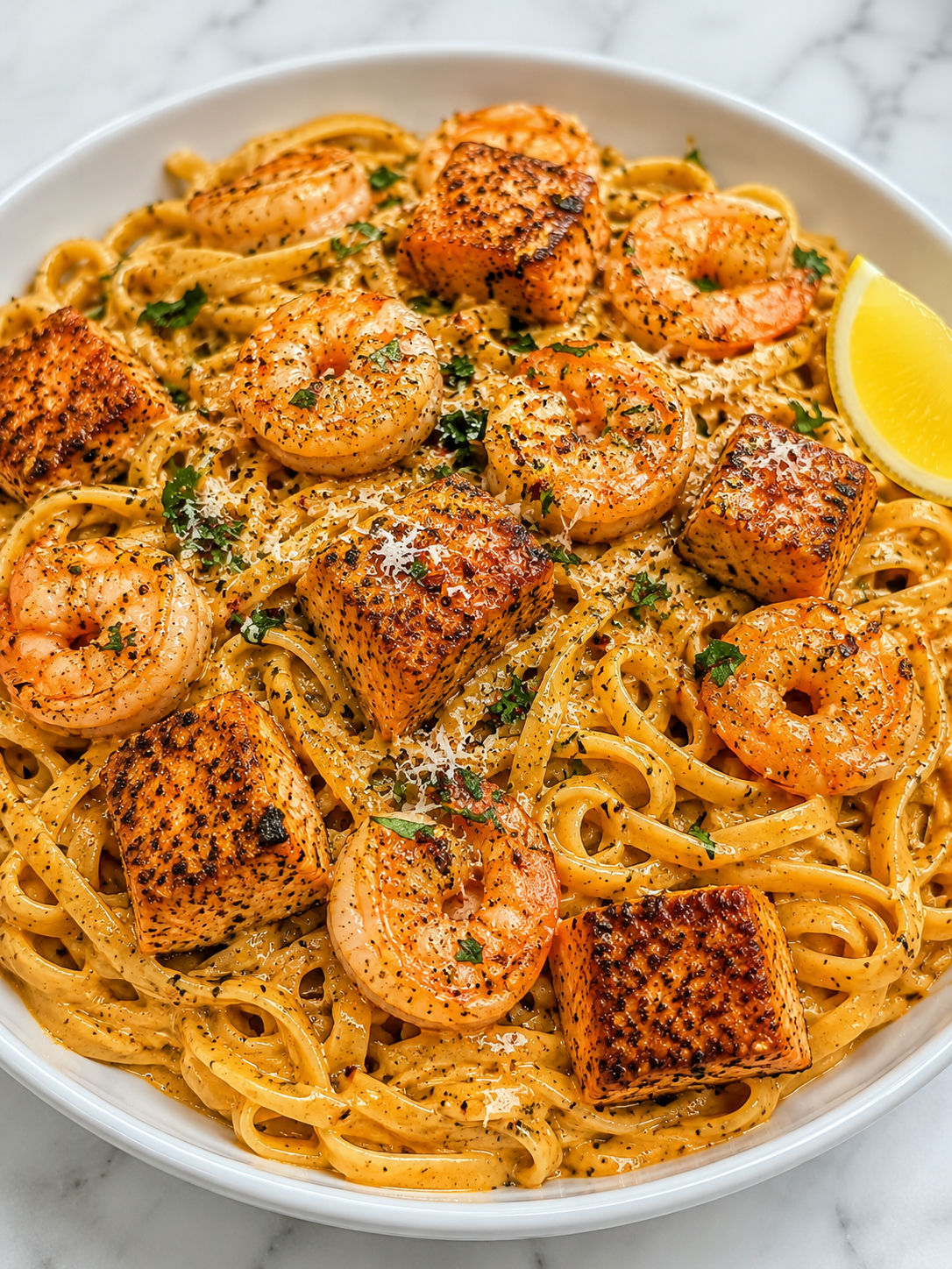 Creamy Cajun salmon and shrimp pasta filling a bowl with parsley