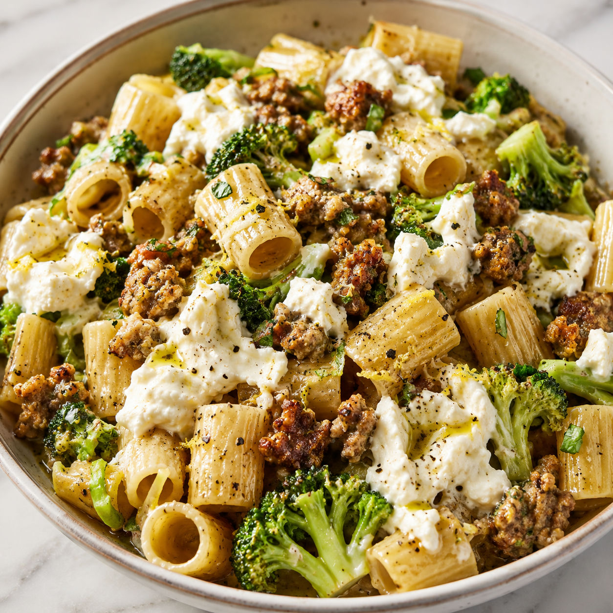 Sausage broccoli burrata pasta with rigatoni, basil, and black pepper