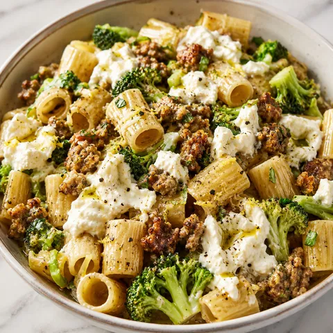 Sausage broccoli burrata pasta with rigatoni, basil, and black pepper