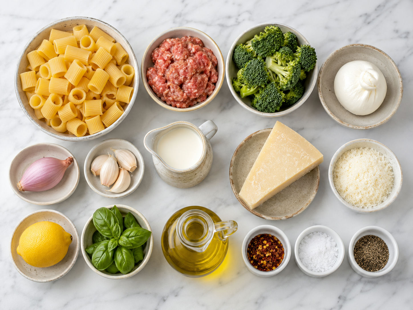 Ingredients for sausage broccoli burrata pasta on a light counter
