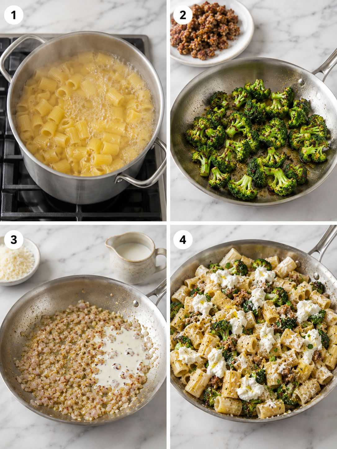 Four cooking steps for sausage broccoli burrata pasta