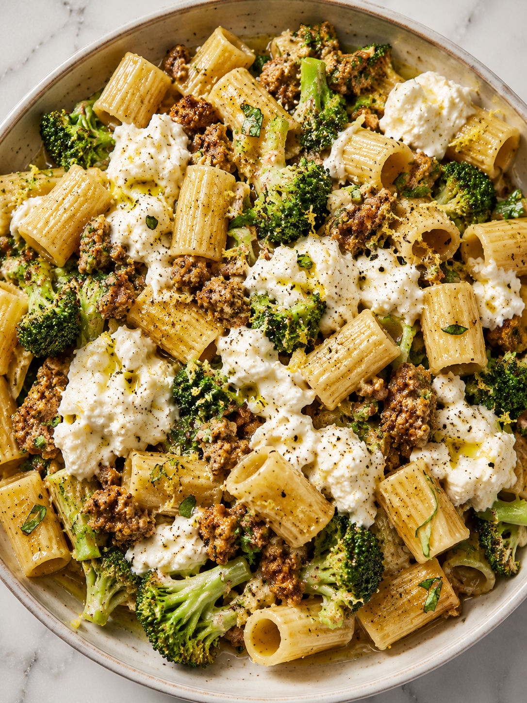 Top-down bowl of sausage broccoli burrata pasta with basil and lemon zest