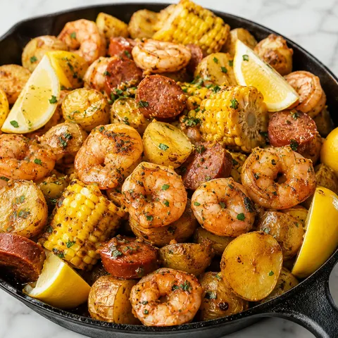Skillet shrimp boil with garlic butter potatoes, corn, sausage, lemon, and parsley