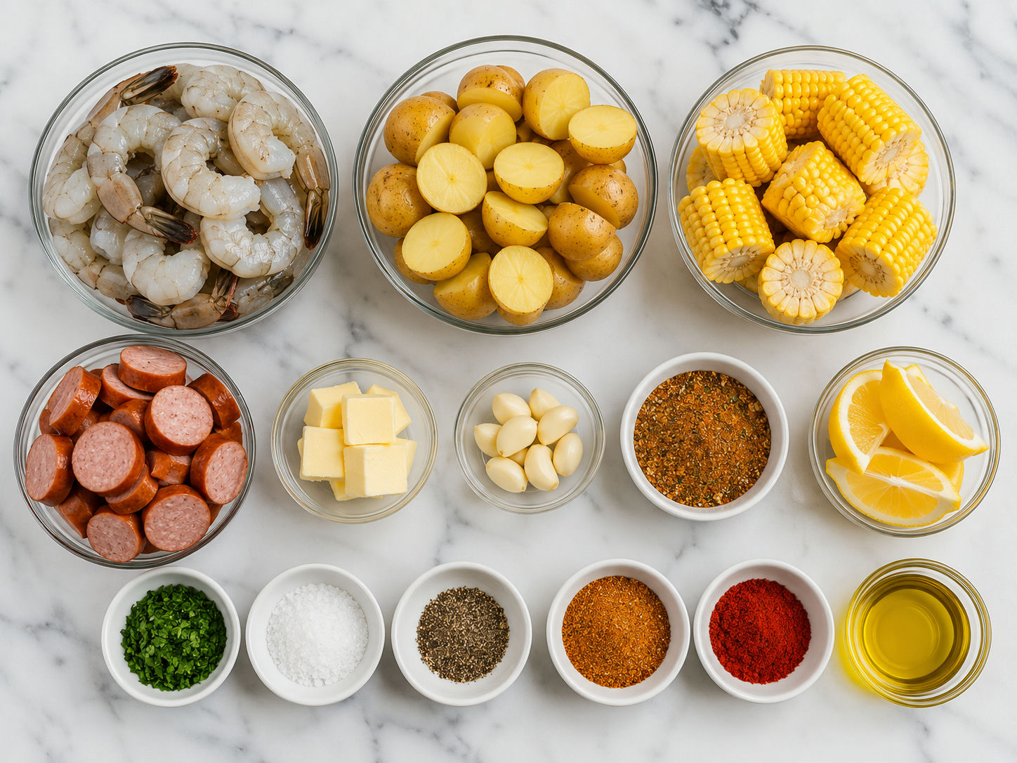 Raw shrimp boil ingredients with potatoes, corn, sausage, garlic, butter, and lemon