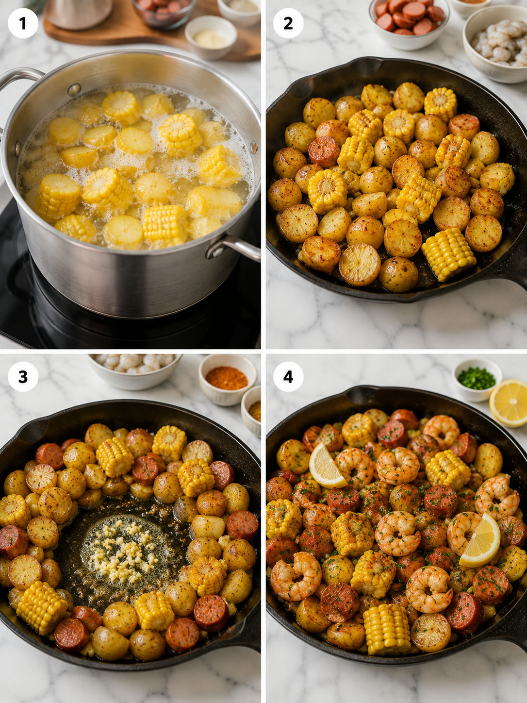 Four cooking steps for shrimp boil skillet with potatoes, sausage, corn, and butter
