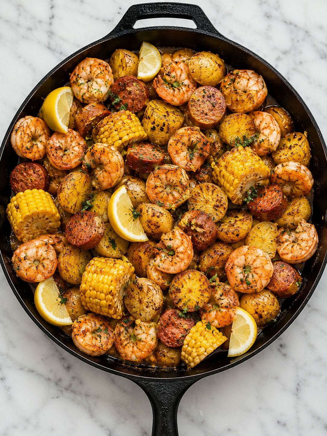Top-down skillet shrimp boil with garlic butter potatoes, corn, sausage, and lemon