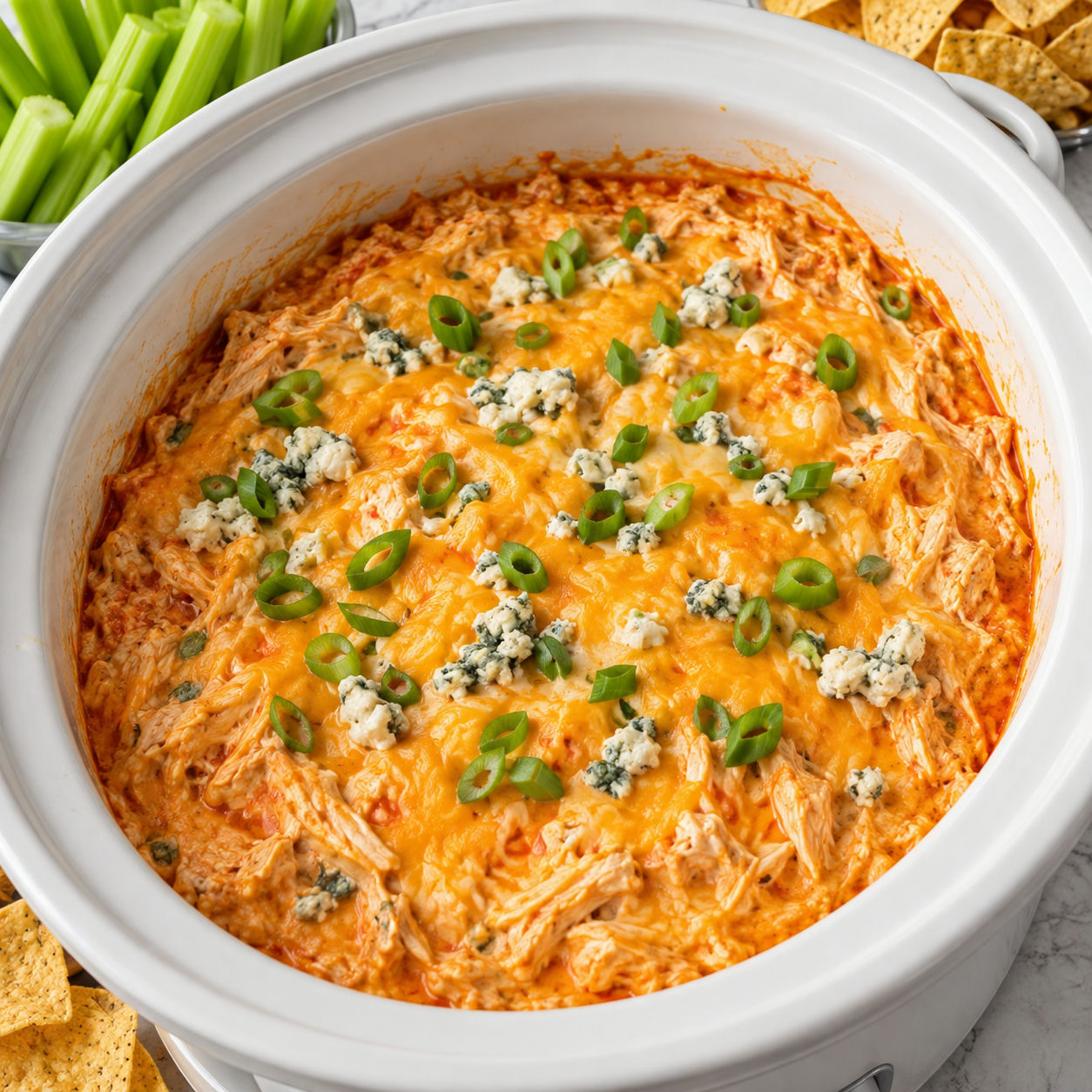 Slow cooker buffalo chicken dip with cheddar, green onions, celery, and chips