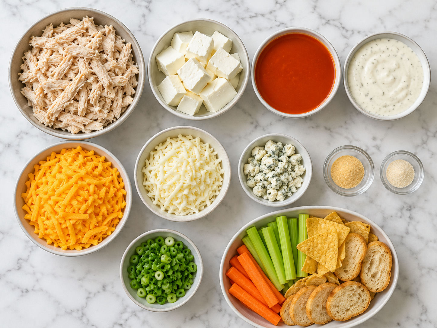 Ingredients for slow cooker buffalo chicken dip in small bowls and dishes