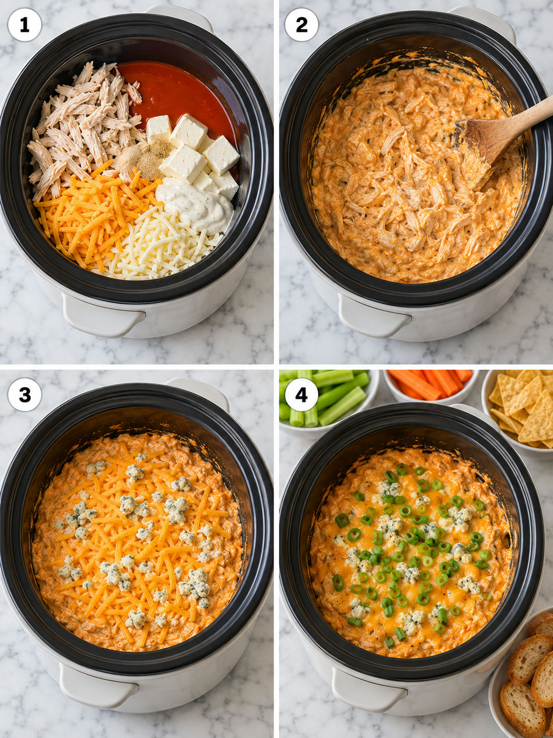 Four steps for making slow cooker buffalo chicken dip